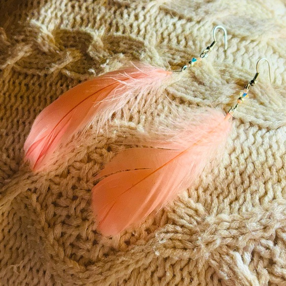 🪶 Peachy-Pink Boho Feather Festival Earrings | OOAK Handcrafted With Love 🍑 - Picture 2 of 13